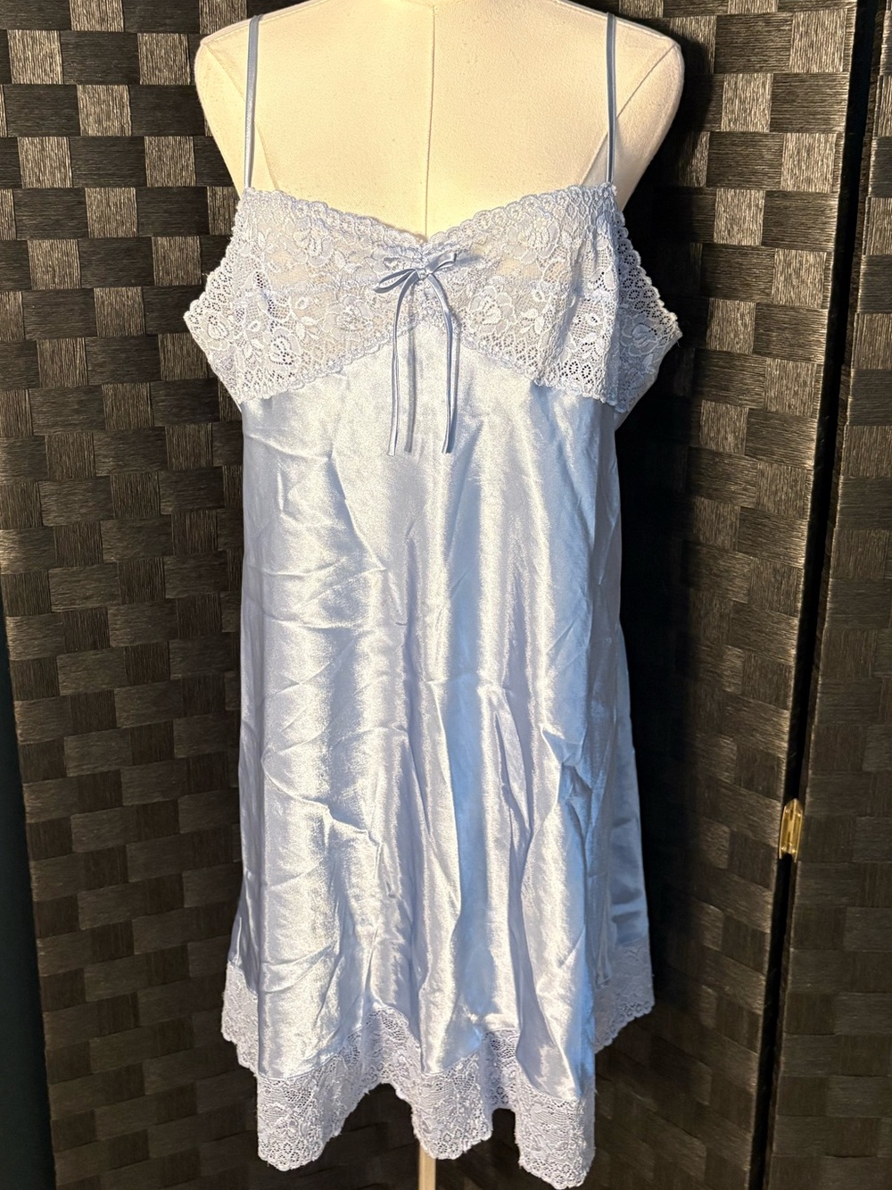 Vintage Morgan Taylor Baby Blue Satin Lace Trim Slip Dress Chemise